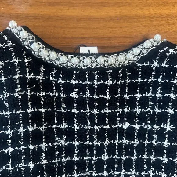 Alice + Olivia Bradford Beaded Open Front Cardigan, Tweed Embellished, Large NWT